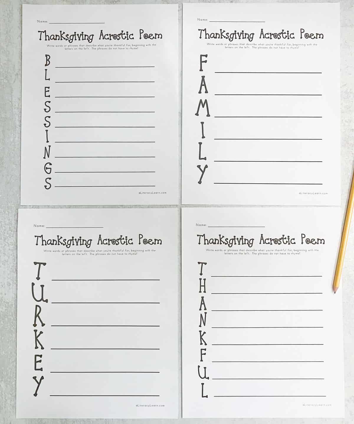 thanksgiving acrostic poems - 4 free printables - literacy learn